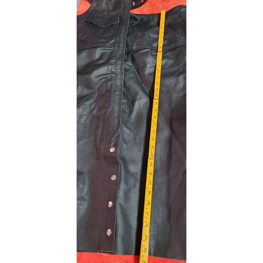 Jafrum Leather Motorcycle Chaps Black Braided Trim Adjustable Buckle Biker Wear - Picture 2 of 13